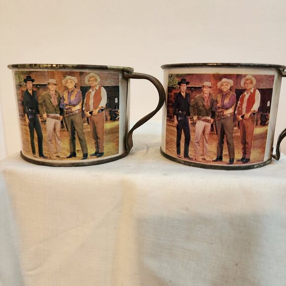 Vtg Bonanza Ponderosa Ranch Souvenir Tin Mugs Set of 2 Nevada Western TV Show - Picture 3 of 9